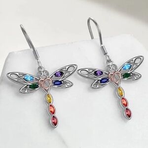 NWT Simply Beautiful Rainbow Faux Gemstone Dragonfly Pierced Dangle Earrings!